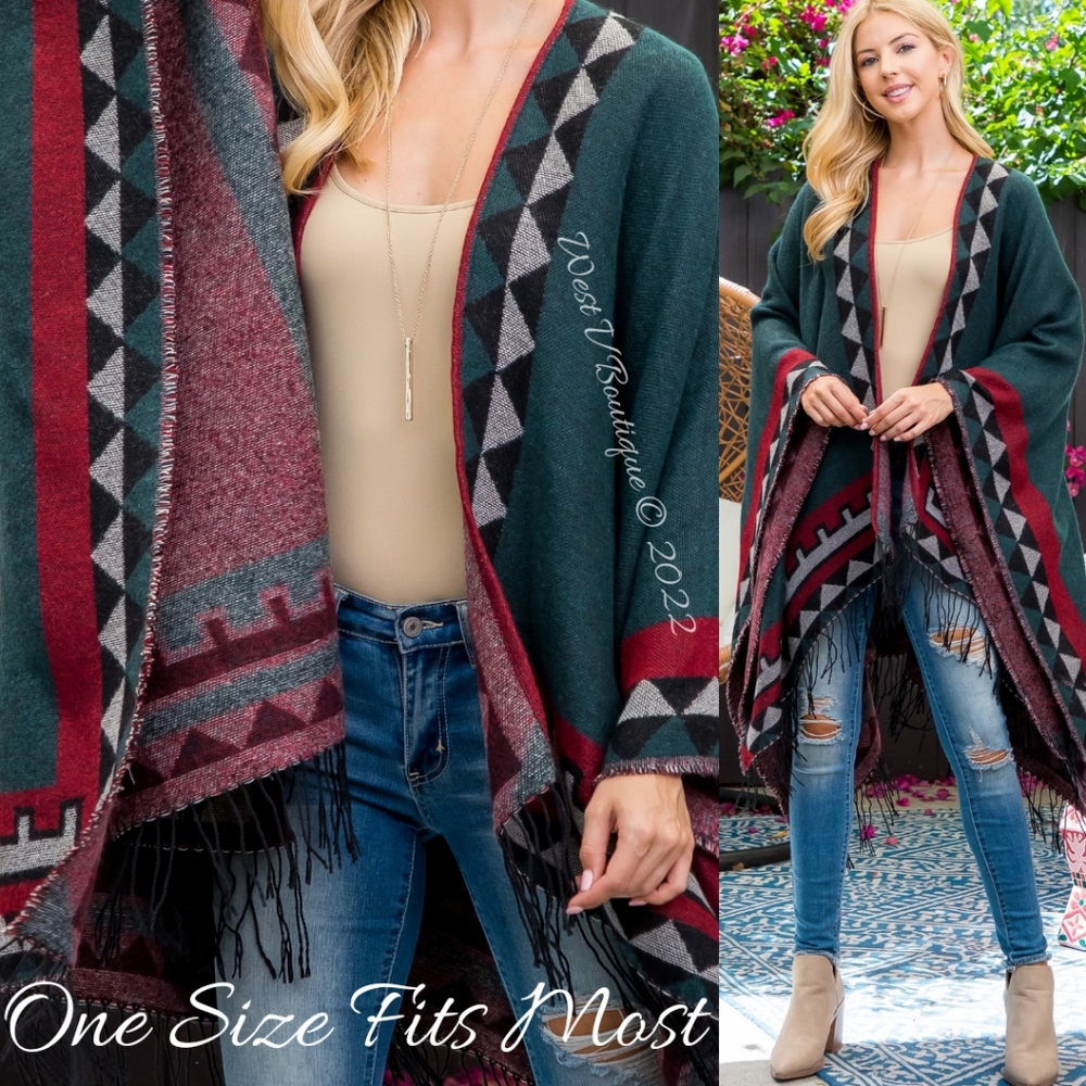 10) LAST ONE LEFT! Green & Red Luxurious Aztec Border Fringe Wrap